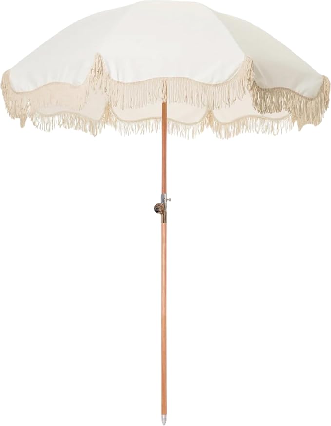 Beach Umbrella for Sand with Fringe – Luxury Boho Outdoor Umbrella for Beach, Pool, Garden, UPF 50+ Wood Shaft Metal Fittings Round with Carry Bag From