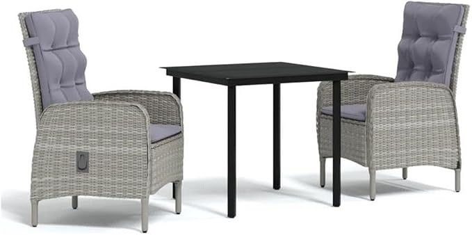 BOWERY HILL 3-Piece Outdoor Patio Dining Set, Powder-Coated Steel & PE Rattan, Gray & Black Finish, Weather-Resistant, Compact Square Table with Ergonomic Chairs for Terrace or Garden, Seating for 2