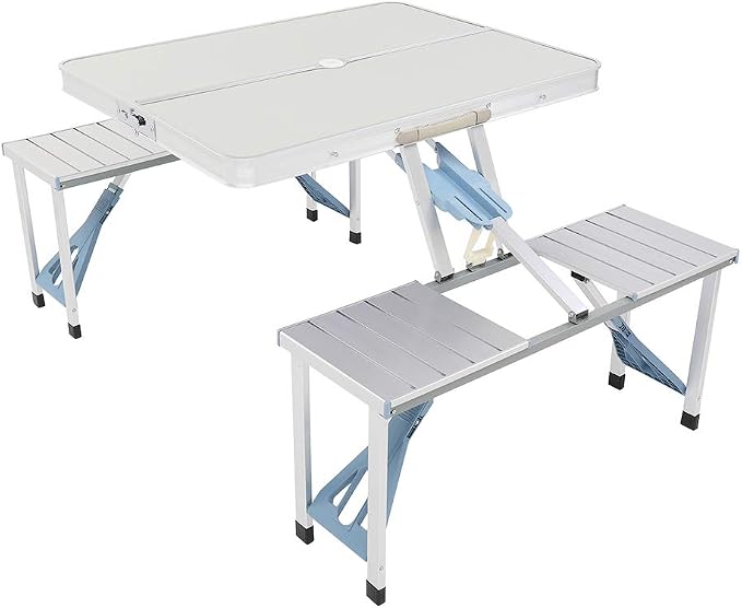 Folding Picnic Table with 4 Seats and Umbrella Hole, Portable Camping Picnic Table Set, Folding Lightweight Suitcase Card Table for Barbecue, Travel, Outing, Gathering
