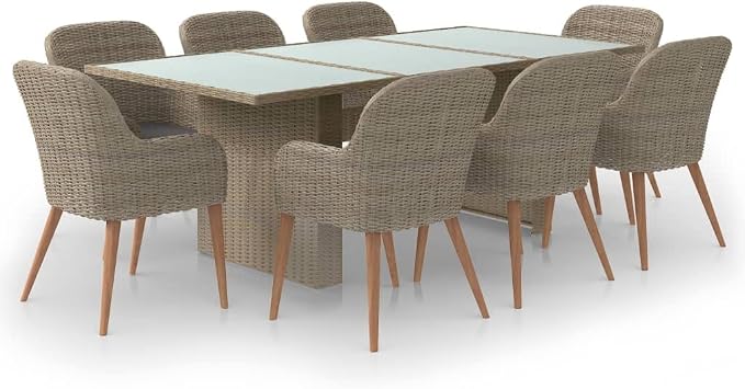9 Piece Patio Dining Set, Outdoor Wicker Rattan Table and 8 Chairs with Soft Cushions for Garden, Backyard, Deck, and Poolside Furniture, Brown