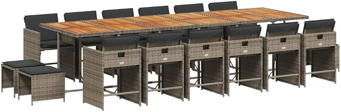 17-Piece Outdoor Patio Dining Set, PE Rattan Garden Furniture with Foldable Chairs and Stools, Space-Saving Cube Dining Table with Cushions for Backyard, Deck, and Garden, Grey