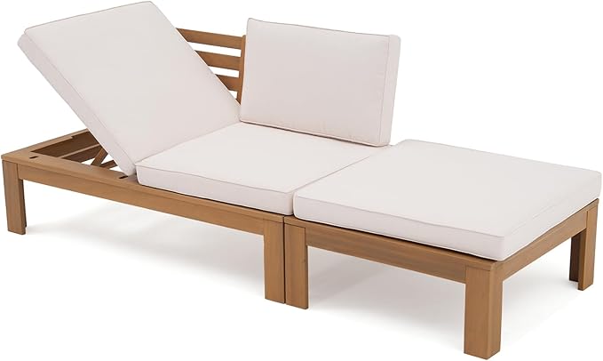 SUNSITT 2 Piece Acacia Wood Patio Furniture Outdoor Loveseat Sofa Set with Adjustable Armrest, FSC Certified L-Shaped Patio Set w/2-in-1 Coffee Table, Cream White Cushions for Garden