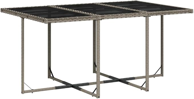 7 Piece Patio Dining Set with Cushions Gray Poly Rattan, Outdoor Table and 6 Chairs with Foldable Backrest, Tempered Glass Top, Removable Washable Cushion Covers for Garden Backyard Deck Entertaining