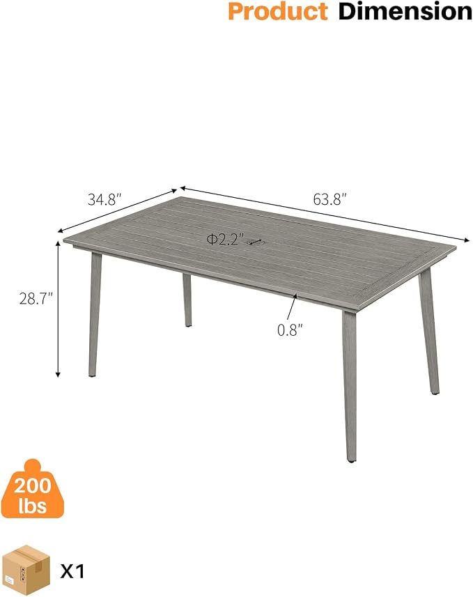 Never-Rust Outdoor Patio Dining Table for 6, Aluminum Outdoor Dining Table with Umbrella Hole, 6 Person Patio Dining Table Furniture for Decks, Garden, Porch, Lawn, Limed Oak