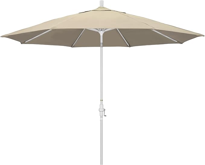 California Umbrella 11Ft Premium Sunbrella Patio Umbrella, Hand-Crank, Tilt-Collar, White Frame, Beige Fabric