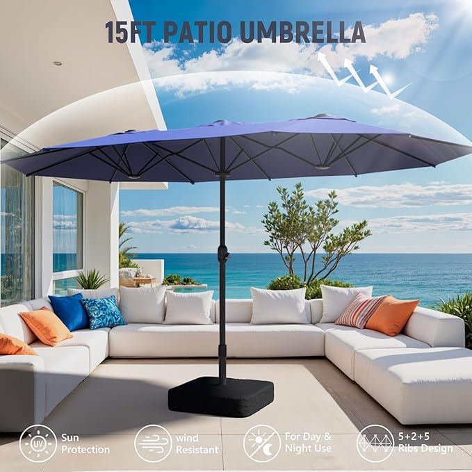 Sannwsg 15ft Large Patio Umbrella, Double Sided Outdoor Umbrellas, Market Umbrellas with Crank Handle, Backyard Umbrela for Deck, Garden, Pool