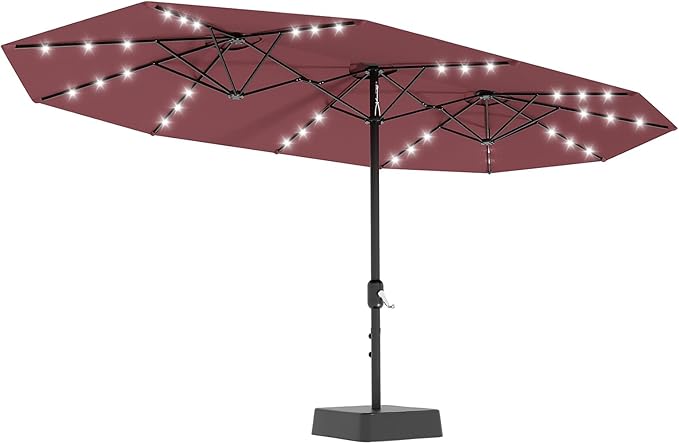 GarveeLife 15 ft Large Patio Umbrella with Lights, 36 LED Lights Double-sided Patio Umbrella with Weighted Base for Poolside Garden Backyard