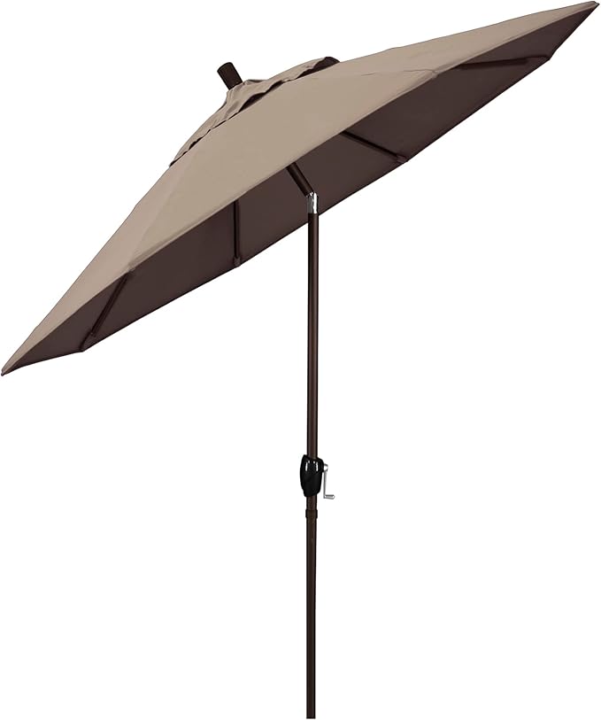 California Umbrella 7.5' Round Aluminum Market Umbrella, Crank Lift, Push Button Tilt, Bronze Pole, Sunbrella Taupe