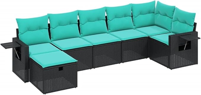 7 Piece Patio Sofa Set with Cushions, Patio Conversation Set Porch Furniture Set Sectional Sofa Outdoor Sofa Sets for Piazza Exhibition Poolside Negotiation Area Black Poly Rattan