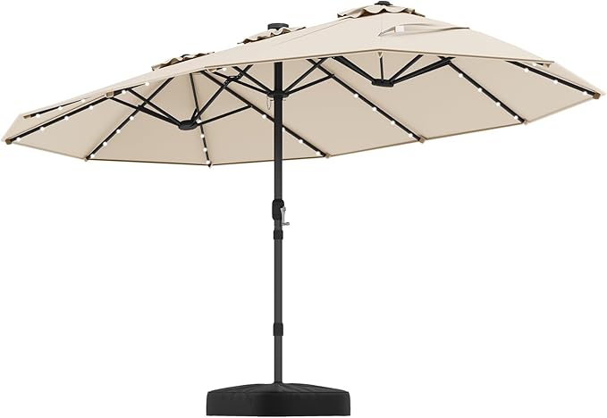 Tangkula 15FT Double-Sided Solar Patio Umbrella, Extra-Large Outdoor Twin Umbrella with 48 LED Lights, Vented Top, Crank Handle, 12 Ribs, Weighted Base Included for Backyard Poolside Deck (Beige)