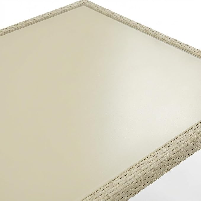 Beige Outdoor Wicker Dining Table Rectangle Pe Wicker with Glass Top, 36X60 Inch, Weather-Resistant, Stylish for Patio and Garden Use
