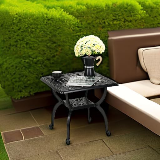 YKSY&YKSY Jardin DE Centennial Cast Aluminum Outdoor Side Table,Anti-Rust Outdoor End Table,Patio Coffee Bistro Table for Indoor,Garden,Porch,Balcony(Square Black)