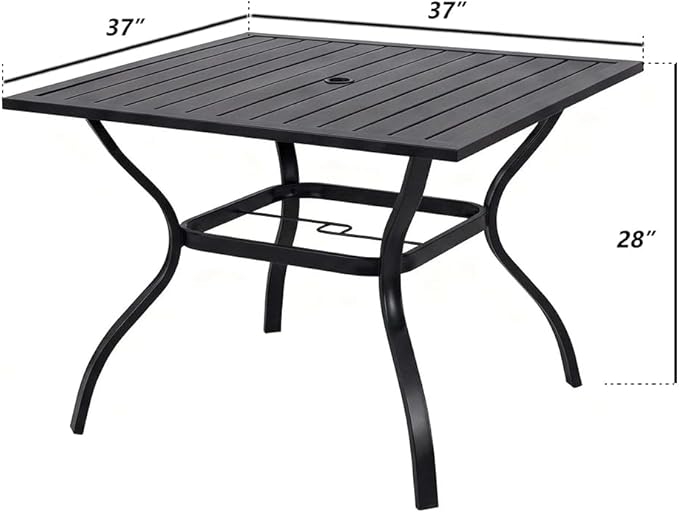 Majnesvon 37" Outdoor Dining Table, Square Patio Table with Umbrella Hole, Metal Steel Slat Outdoor Table, All-Weather Steel Patio Dining Table, for Lawn, Garden, Backyard, Bistro, Black