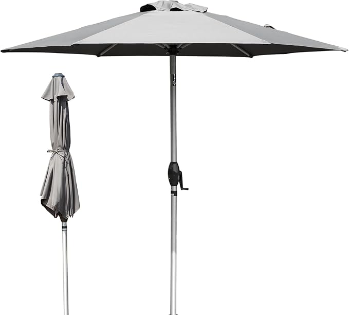 Domi 7.5FT Patio Umbrella Outdoor Market Umbrella with Silver Aluminum Pole, UV Resistant Canopy, Wind Vent, Tilt & Crank System, Perfect for Patio, Garden, Deck, Pool, Outdoor Dining, Gray