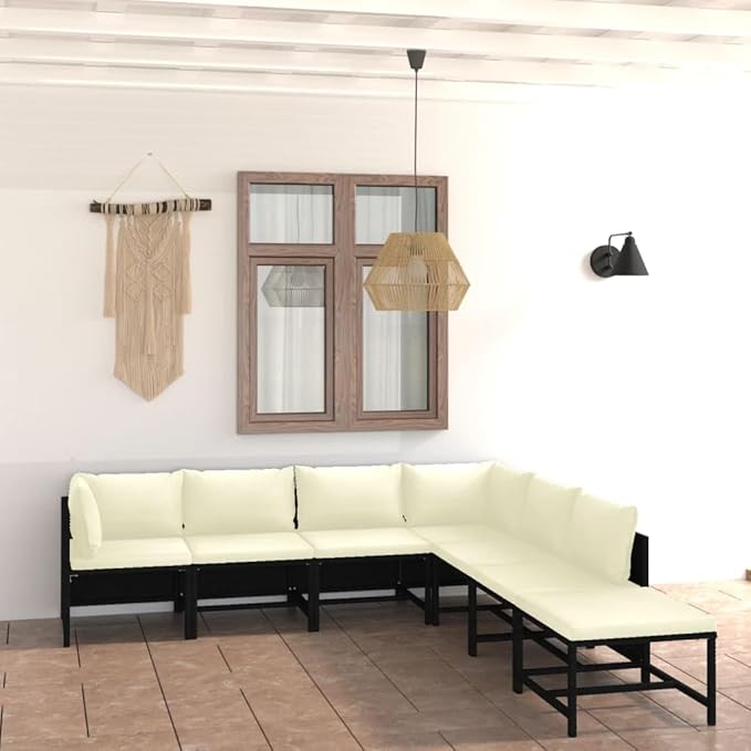 7-Piece Modular Patio Furniture Set, Black Powder-Coated PE Rattan Outdoor Sectional Couch with Cream White Cushions, 23.6" Square Seats for Balcony, Porch, Garden and Deck