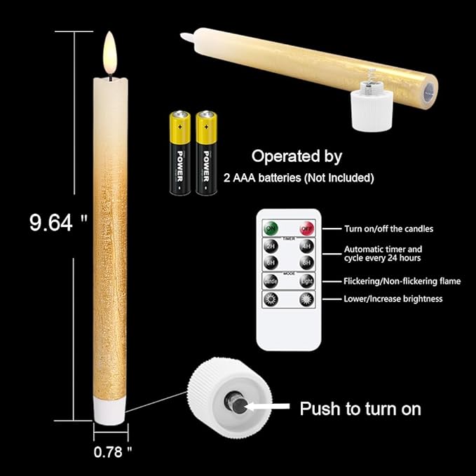 Wondise Gold Flameless Taper Candles with Timer & Remote, 9 Inch Battery Operated LED Flickering Window Candle for Christmas Thanksgiving Decorations, Set of 6