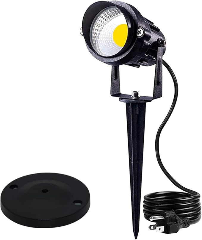 HANNAHONG Spotlight Outdoor 5W AC120V,Warm White COB LED Landscape Lighting Outdoor Indoor for House Flag Yard Tree Garden, Plug in Outdoor Lights with Spiked Stand and Base, 5 Ft Cable Waterproof