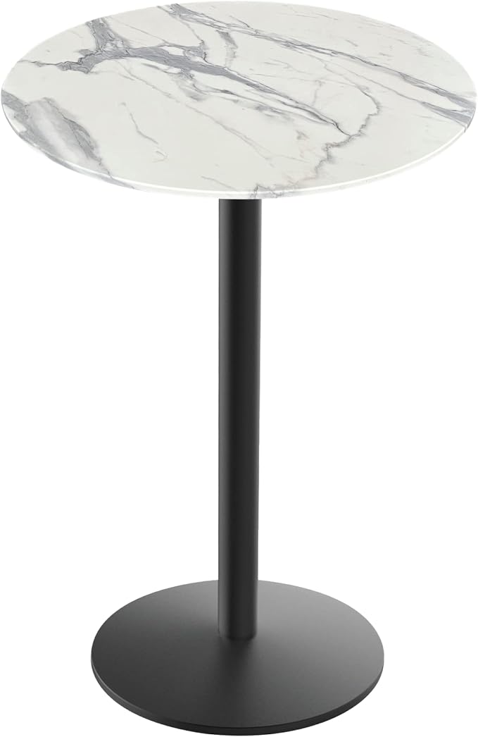 Holland Bar Stool Co. 42" Tall OD214 Indoor/Outdoor All-Season Black Wrinkle Table with 36" Diameter White Marble EuroSlim Top