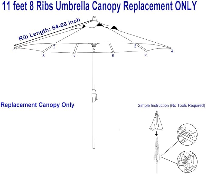 11ft Patio Umbrella Replacement Canopy Market Umbrella Top Outdoor Umbrella Canopy with 8 Ribs