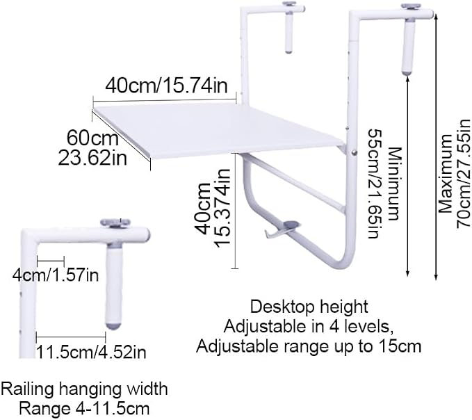 Terrace Side Table Outdoor Balcony Railing Side Table Wall-Mounted Table for Railings Balcony Bar Table for Railings Rounded Edges for Patio Garden Balcony Easy to Assemble.