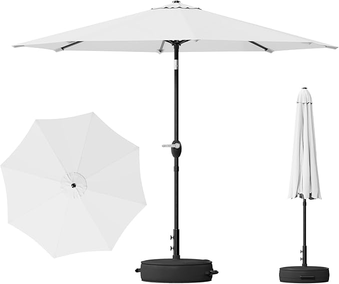 Greesum Outdoor Patio Umbrella with Base, Table Umbrella with 8 Sturdy Ribs, Push Button Tilt and Crank, Market Table Parasol for Garden, Lawn, Backyard & Pool, White