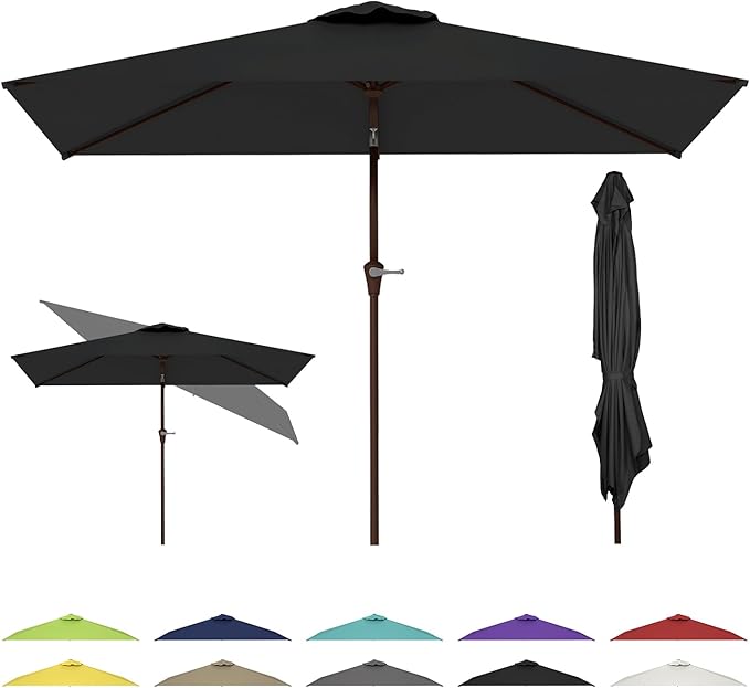 GREENVINES 6.5X10 FT Rectangular-Patio-Umbrella | Outdoor-Table-Umbrellas | 6 Sturdy Steel Ribs | Push Button Tilt & Crank | Waterproof | Market Umbrella | for Pool Backyard Garden Deck | Black