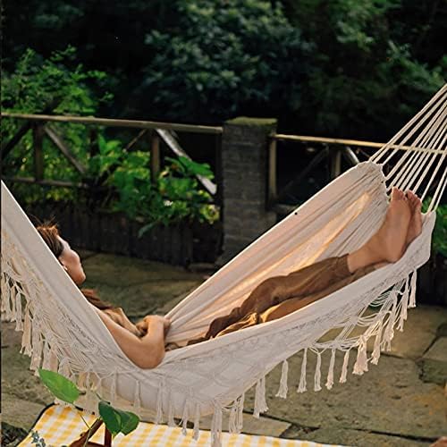 Outdoor Hammock Garden Cotton Hammock Macrame Fringe Hammocks Boho Balcony Hammocks with Handmade Tassels 2 Person Double Hamock 480lbs for Home,Backyard,Beach,Patio