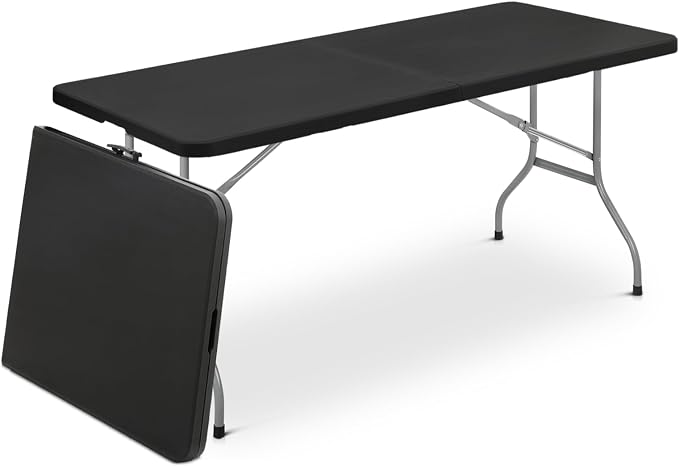 Athena Collection 6ft Folding Table, Lightweight Portable Desk with Handle, Square Foldable Plastic Table for Card Games, Collapsible Dining, Indoor Outdoor Camping Picnic & Party Use, Black