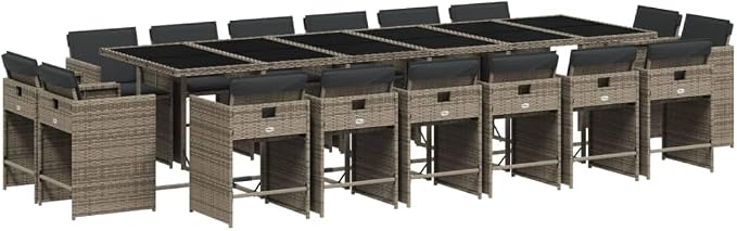 17 Piece Patio Dining Set with Cushions Gray Poly Rattan Outdoor Furniture Table and 16 Chairs for Garden Backyard Dining, Folding Seat Space-Saving Tempered Glass Table UV-Proof