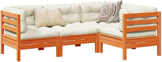 4 Piece Patio Sofa Set with Cushions, Outdoor Dining Sets Patio Conversation Set Garden Lounge Set Sectional Sofa for Exhibition Poolside Garden Negotiation Area Wax Brown Solid Wood Pine