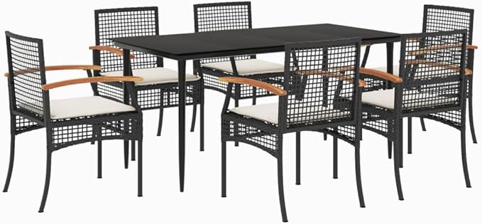 7 Piece Patio Dining Set with Cushions, Outdoor Sofa Sets Outdoor Lounge Sets Porch Furniture Set Patio Conversation Set for Garden Poolside Exhibition Negotiation Area Black Poly Rattan