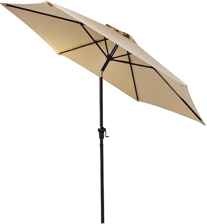 9ft Patio Umbrella, Outdoor Umbrella with Push Button Tilt and Crank, Sunshade Waterproof Market Umbrella with 6 Sturdy Ribs, Yard Umbrella for Backyard, Garden, Patio, Deck, Lawn, Pool, Khaki-Classic