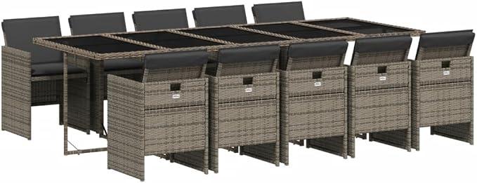 11 Piece Outdoor Patio Dining Set, Poly Rattan Garden Table and 10 Folding Chairs with Cushions, Space-Saving Cube Furniture for Backyard, Gray
