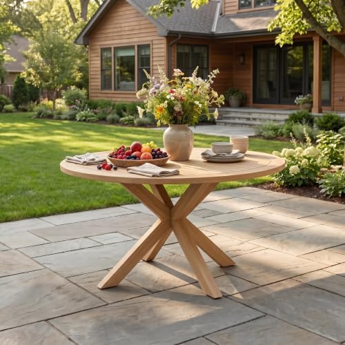 44.5 Inch Round Outdoor Dining Table, Premium Acacia Wood Patio Table, with X-Shaped Base, Slatted Wooden Table, for Garden, Backyard, Balcony and Indoor Use, Acacia Wood Finish