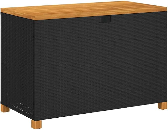 Outdoor Storage Bench with Acacia Wood Top 43.3 x21.7 x24.8 Inch Black Poly Rattan Waterproof Garden Box for Patio Deck Backyard Cushion Pillow Blanket Storage