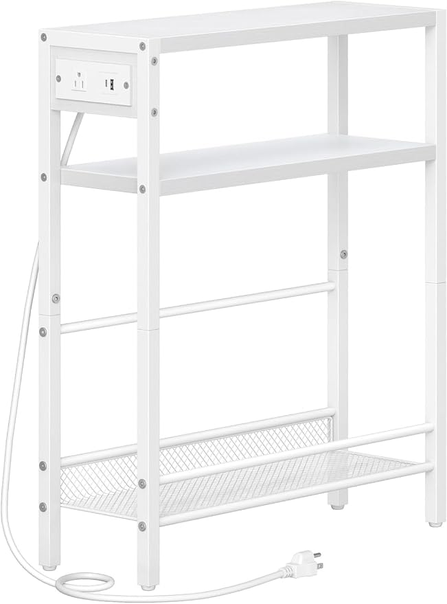 HOOBRO Small Narrow Side Table with Charging Station, Skinny End Table for Small Spaces, Slim Nightstand with USB Ports Outlet, Sofa Beside Table with Storage Shelf, White WT102UBZ01