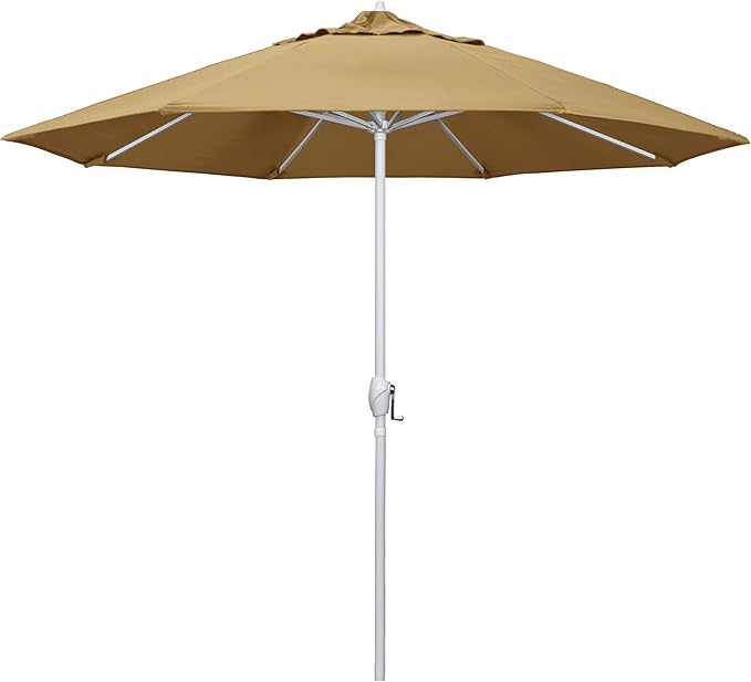 California Umbrella 12-Year Protection 9' Rd Aluminum Patio Umbrella, Crank Lift, Auto Tilt, White Finish, Sunbrella Wheat