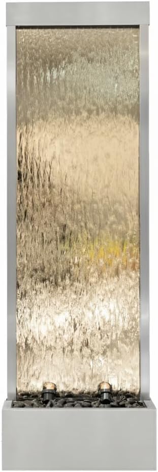 XBrand 68 in H Freestanding Modern Indoor/Outdoor Waterfall Fountain w/Decorative Rocks, LED Lights & Auto-Shut Off Pump, Stainless Steel/Clear Glass, Silver