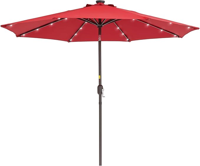 9ft Patio Umbrella Outdoor with Solar Lights,32 LED Lighted Table Market Umbrella with Tilt and Crank, 2-Year-Non-Fading, 8 Sturdy Ribs,for Pool, Deck, Garden,Backyard