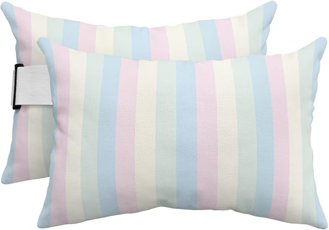 Outdoor Pillows Covers with Inserts Blue Green Yellow Pink Stripe Waterproof Recliner Pillow with Adjustable Strap Throw Pillows for Patio Furniture Pool Lounge Chair, 12x20 inch, 2PCS