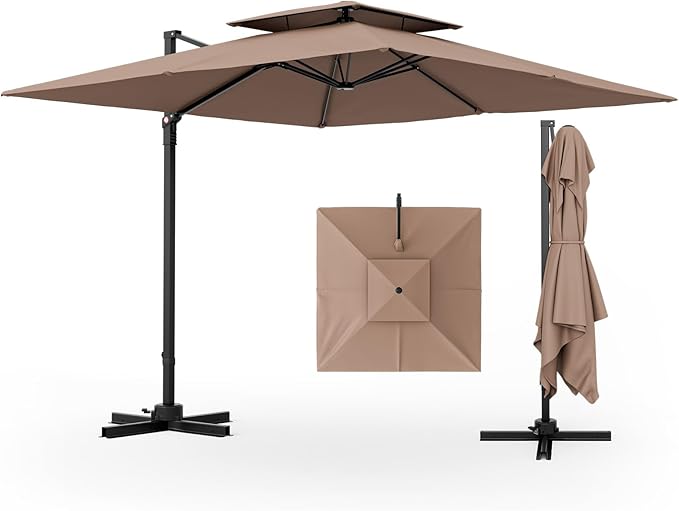 Tangkula 9.5 FT Cantilever Patio Umbrella, Outdoor Square Offset Umbrella with 360° Rotation, Double Top Heavy Duty Patio Hanging Umbrella with Cross Base for Garden Deck Pool Backyard (Tan)