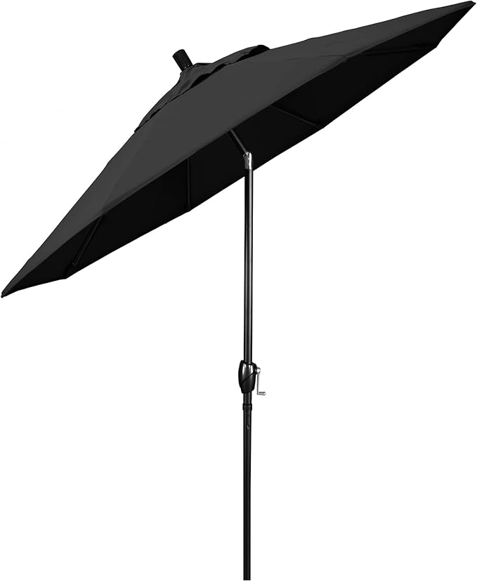 California Umbrella 9' Round Aluminum Market Umbrella, Crank Lift, Push Button Tilt, Bronze Pole, Black Olefin