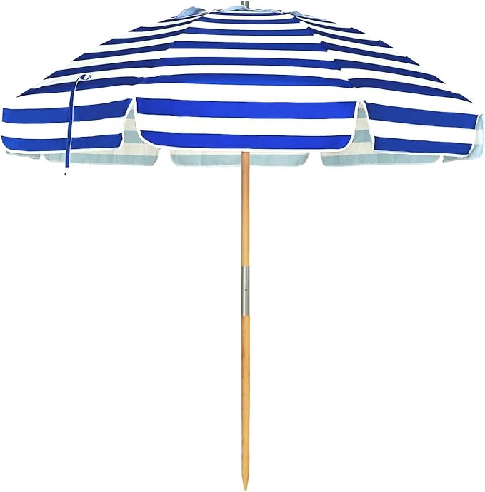 AMMSUN 7.5ft Heavy Duty HIGH Wind Beach Umbrella Commercial Grade Patio Beach Umbrella with Air Vent Ash Wood Pole & Carry Bag UPF 50+ Protection Stripe Blue white