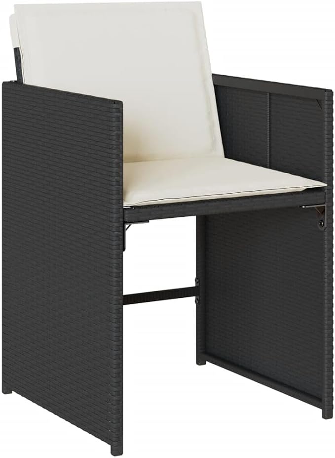 5 Piece Patio Dining Set with Cushions Black Poly Rattan Outdoor Furniture Table and 4 Chairs Foldable Stackable for Garden Backyard Deck Tempered Glass Top UV Proof 242.5 lb Capacity