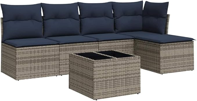 vidaXL Patio Sofa Set with Cushions 6 Piece, Patio Furniture with Glass Table, Outdoor Conversation Set, Modern Style, Gray Poly Rattan