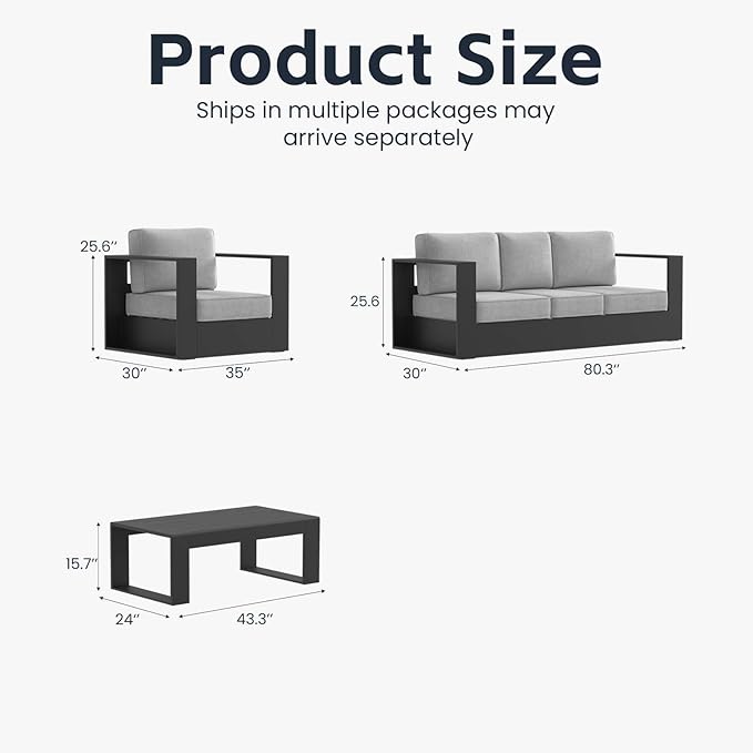 3 Pieces Patio Furniture Set with Coffee Table, Metal Modern Conversation Set with Deep Seating and Widened Aluminum Frame for Deck, Porch, Garden