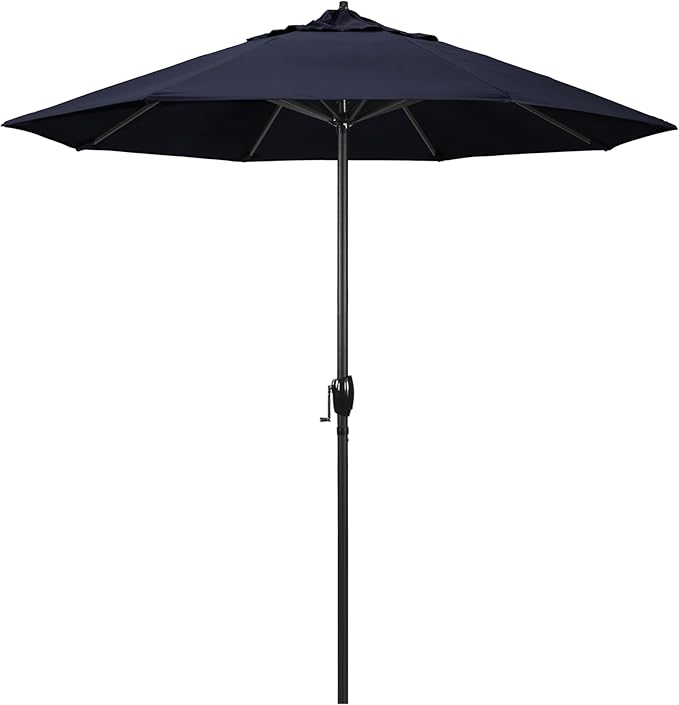 California Umbrella 7.5' Rd Aluminum Patio Umbrella, Crank Lift, Auto Tilt, Black Finish, Navy Blue