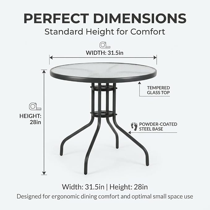 31.5" Indoor/Outdoor Glass Patio Table, Round Tempered Glass Top with Metal Frame, Bistro Dining Table for Balcony, Garden, Patio, Assembly Required