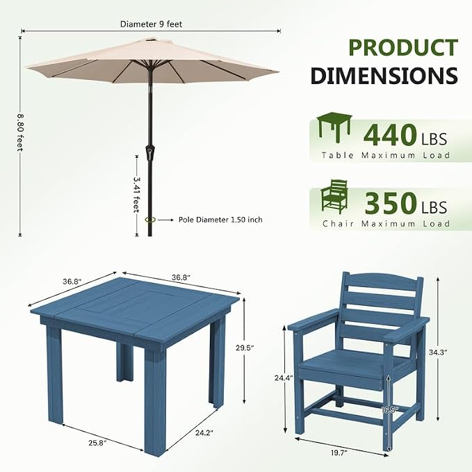 KINGYES 5-Piece HDPE Outdoor Dining Set for 4, Square Patio Table & Armchairs with Umbrella Hole, All-Weather Patio Dining Set for Backyard, Garden, Lawn & Poolside, Blue