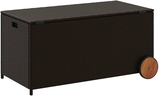 50.2 Gal Outdoor Storage Box with Wheels, Patio Rattan Deck Box, Wicker Garden Storage Bin Deck Box, Poly Rattan Patio Storage Chest with Hinged Lid, 42.1"x21.7"x19.7"/20.9" Brown